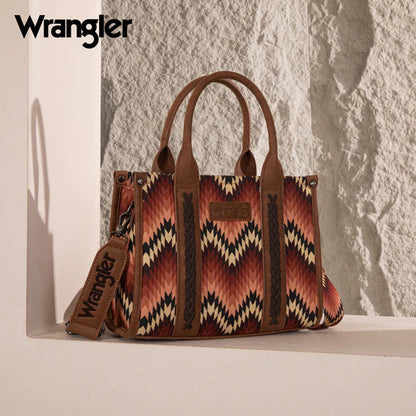 Wrangler Southwestern dual-sided print tote/crossbody bag with Aztec design

Close-up of whipstitch detail and Wrangler logo applique on print canvas

Bag showcasing crossbody strap and double handles