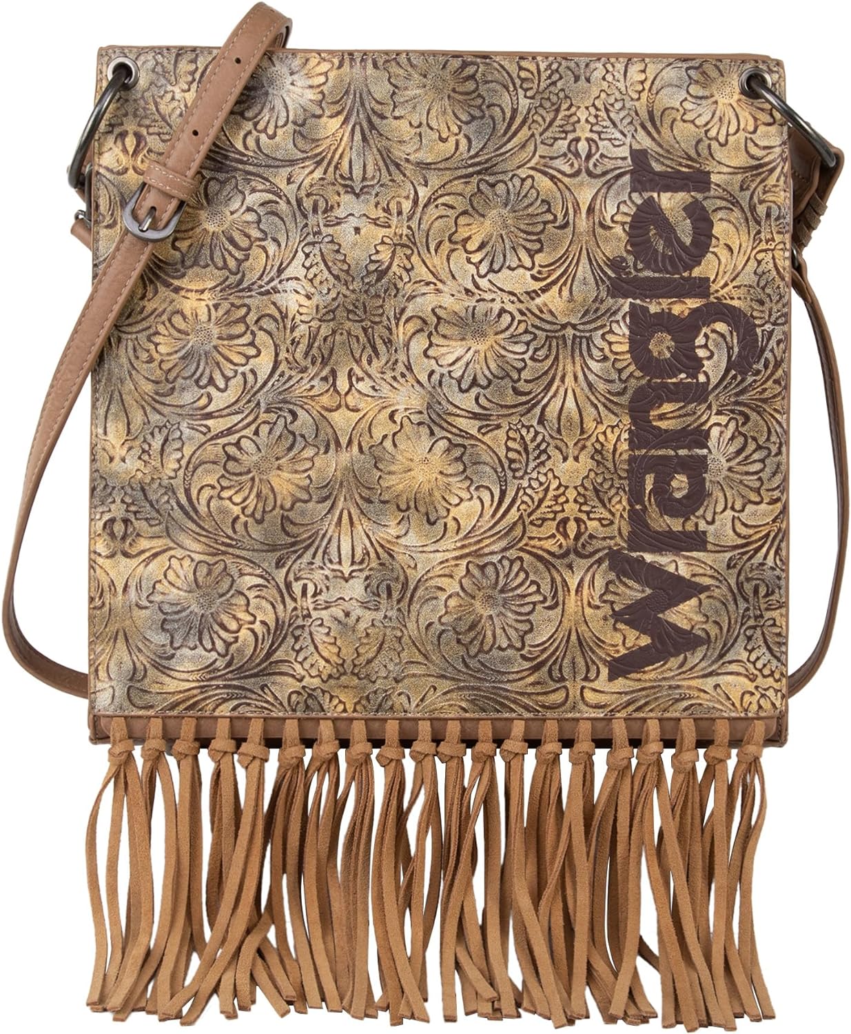 Wrangler Floral Embossed Fringe Concealed Carry Hobo/Crossbody - Khaki