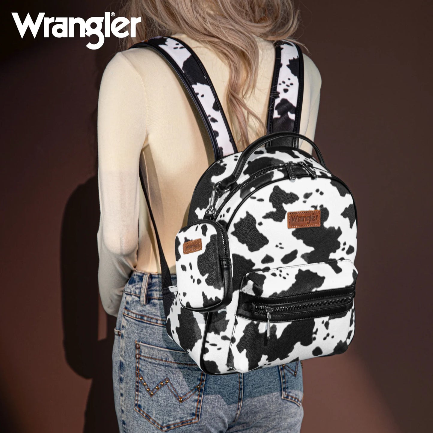 WG133-8603 Wrangler Cow Print Backpack With Coin Pouch - Black