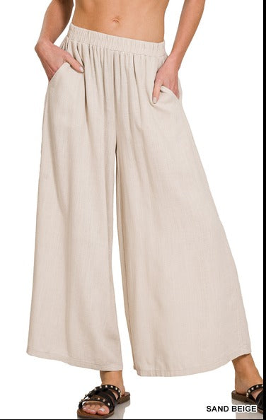 WIDE-LEG LINEN BLEND PANTS WITH POCKETS Zenana