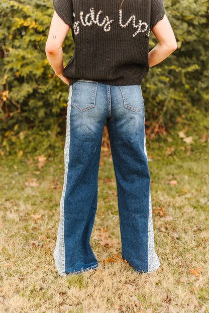 Lucky & Blessed Mid Wash Leopard Side Panel Jeans | High Rise Wide Leg Western Denim