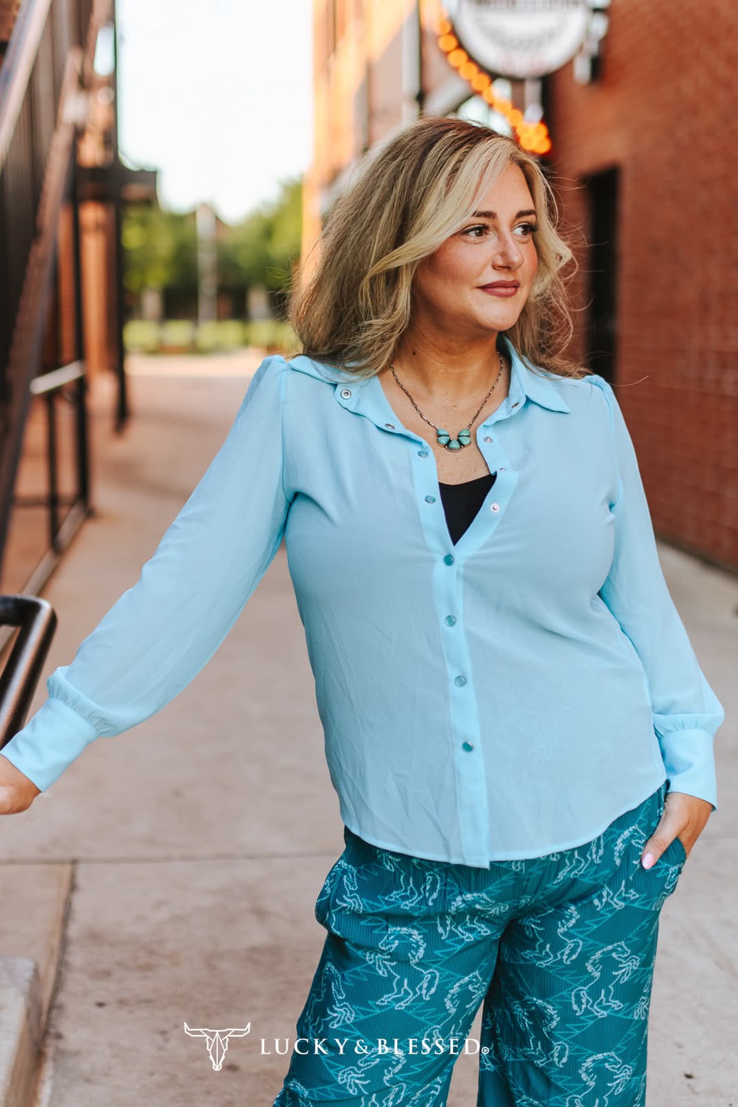 Turquoise Trails Pearl Snap Blouse | Lucky & Blessed Western Chiffon Button Down Shirt