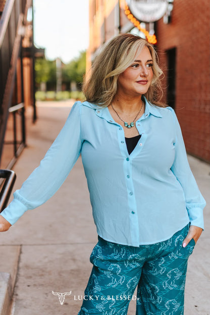 Turquoise Trails Pearl Snap Blouse | Lucky & Blessed Western Chiffon Button Down Shirt