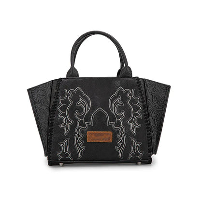 A black trapezoid-shaped tote/crossbody bag with embroidered detailing and a leather logo applique on the front.