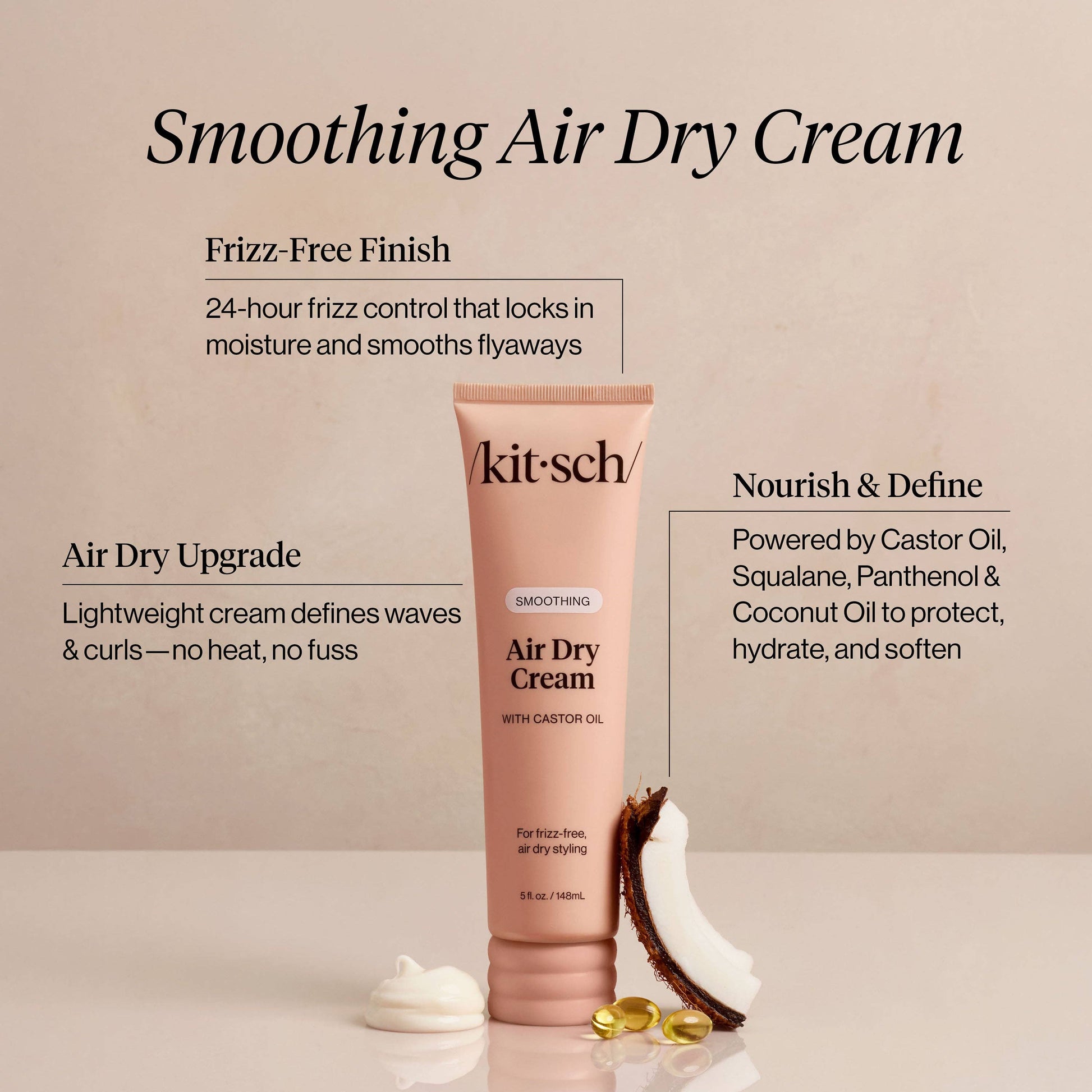 Close-up of KITSCH Air Dry Cream label showing frizz control and curl enhancing details