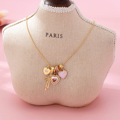 Rose Charm Cluster Necklace | Gold Plated Heart & Bow Necklace