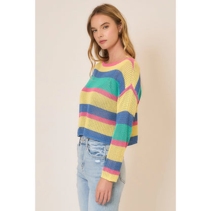 Sunset Stripe Open Knit Sweater – Lightweight Multi Color Cropped Pullover