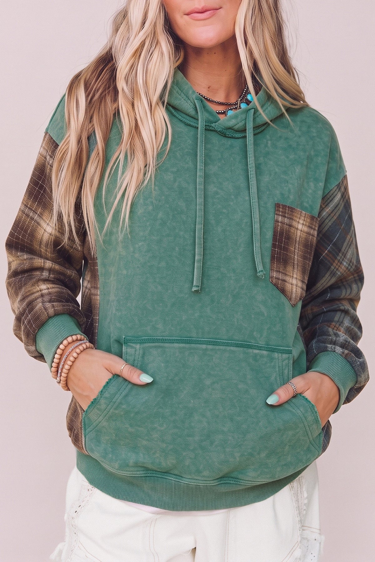 Evergreen Plaid Pocket Hoodie | Smoke Green Colorblock Pullover