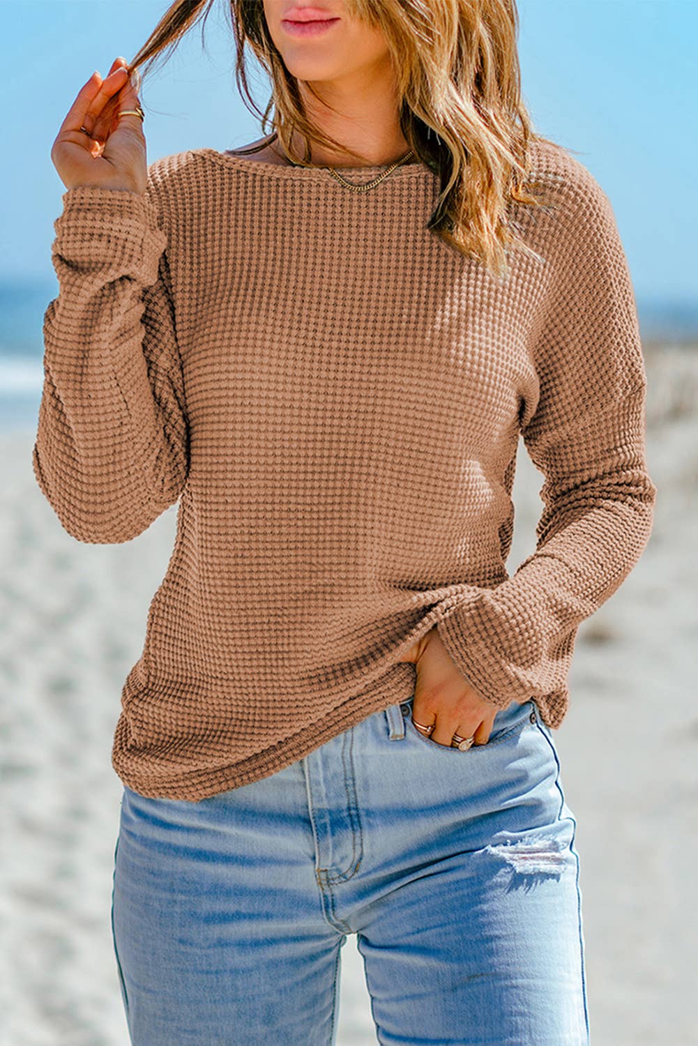 Waffle Knit Drop Shoulder Long Sleeve Top