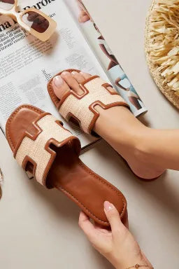 Coffee Faux Raffia Open Toe Slippers | Textured Slide Sandals for Everyday Wear