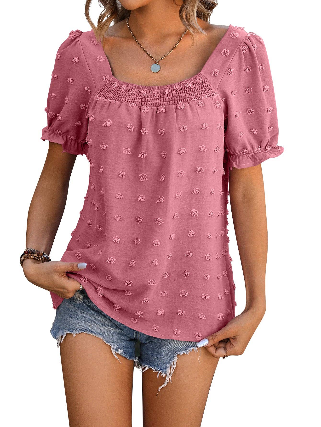 Short Sleeved Solid Color Square Neck Bubble Blouse