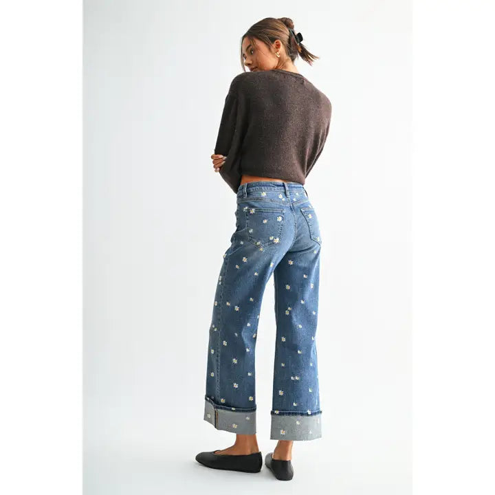 Mica Denim Daisy Daydream Cuffed Jeans | High-Rise Floral Embroidered Wide Leg Denim