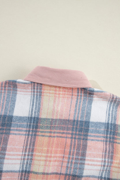 Plaid Corduroy Patchwork Shacket with Chest Pocket – Trendy Oversized Fall Jacket
