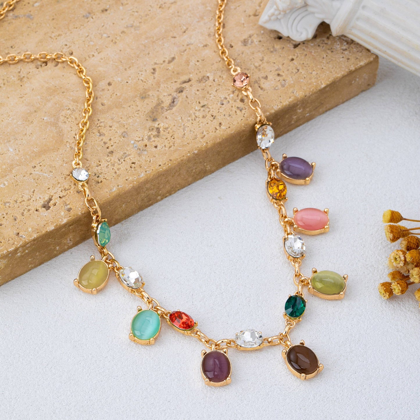 Rainbow Cat’s Eye Charm Necklace | Gold Multi-Color Stone Statement Necklace