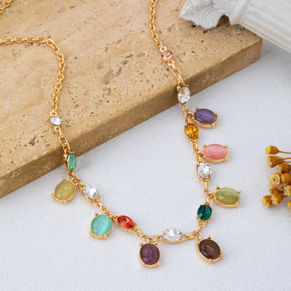 Rainbow Cat’s Eye Charm Necklace | Gold Multi-Color Stone Statement Necklace