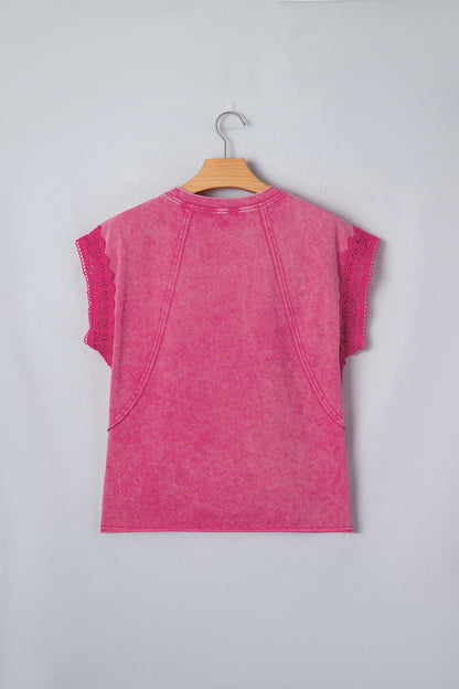 ~PREORDER ~ Pink Mineral Wash Lace Trim Cap Sleeve Top ~PREORDER ~