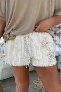 Ivory Lace Star Patch Shorts | Textured Drawstring Boutique Shorts