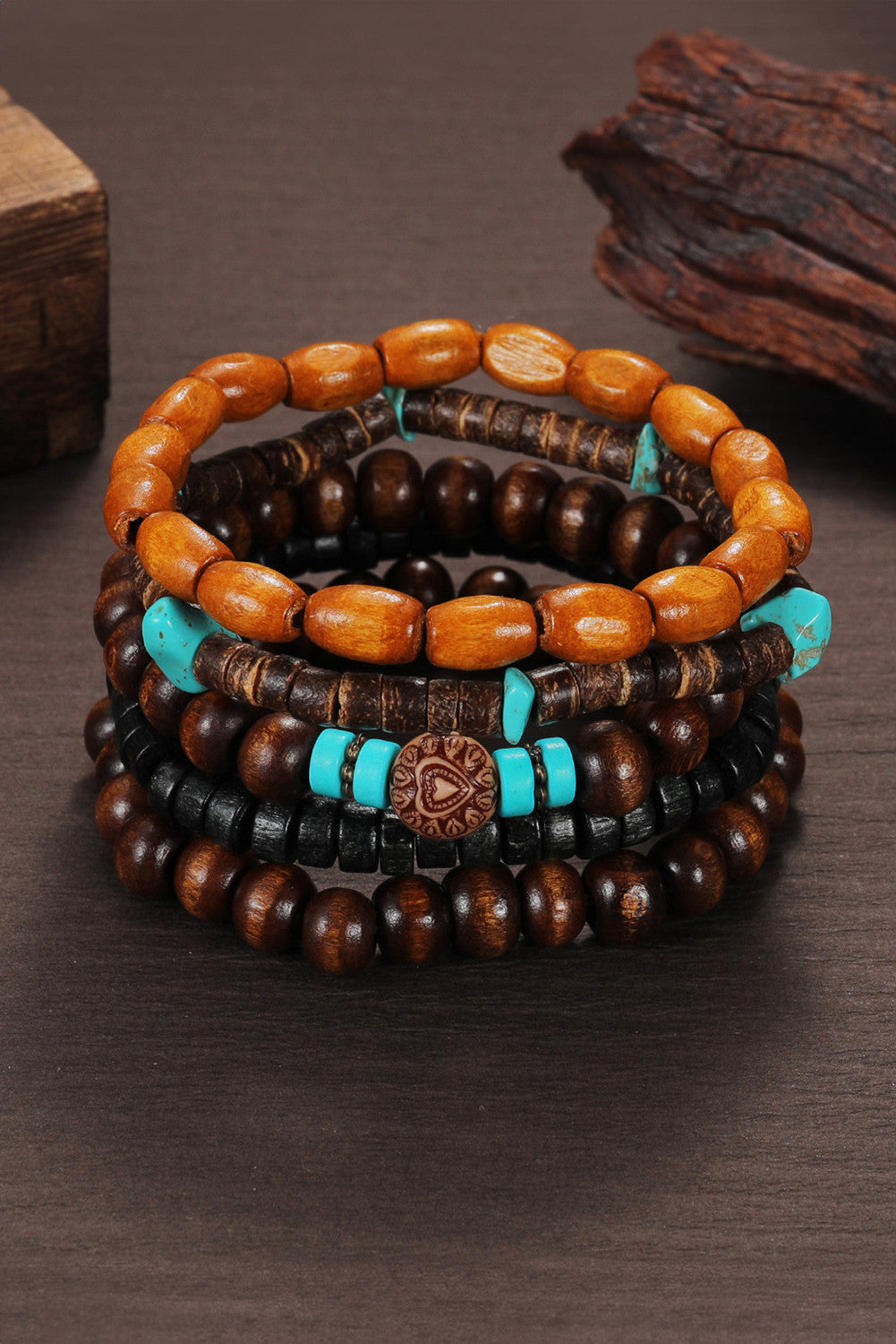 Boho Wooden Beaded Bracelet Set with Turquoise – Multi Layer Stack Stretch Bracelet