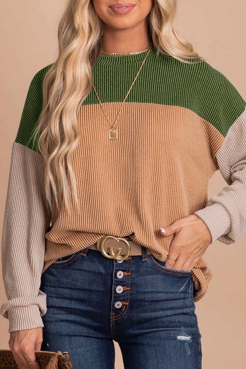 Color Block Long Sleeve Ribbed Loose Top