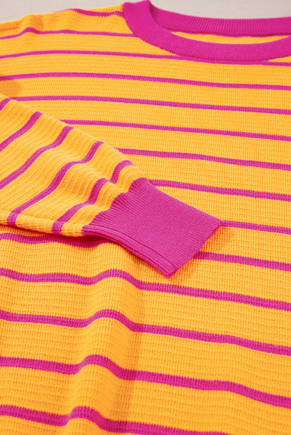 Stripe Trimmed Round Neck Drop Shoulder Sweater – Relaxed Fit Striped Knit