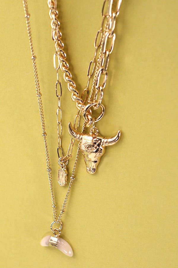 Desert Charm Layered Necklace | Bull Horn Multi Layer Gold Necklace