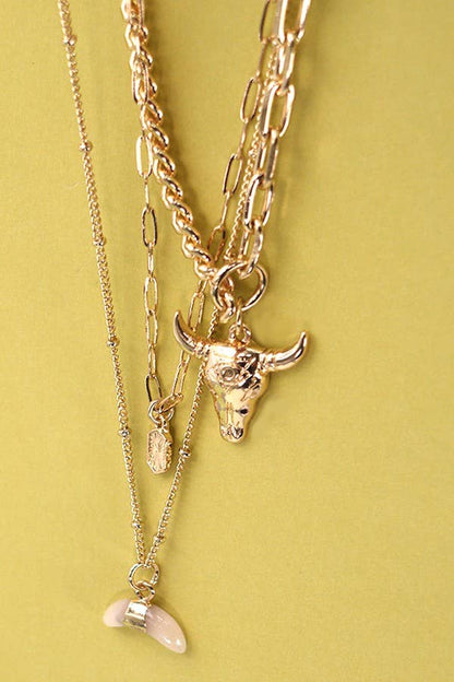 Desert Charm Layered Necklace | Bull Horn Multi Layer Gold Necklace