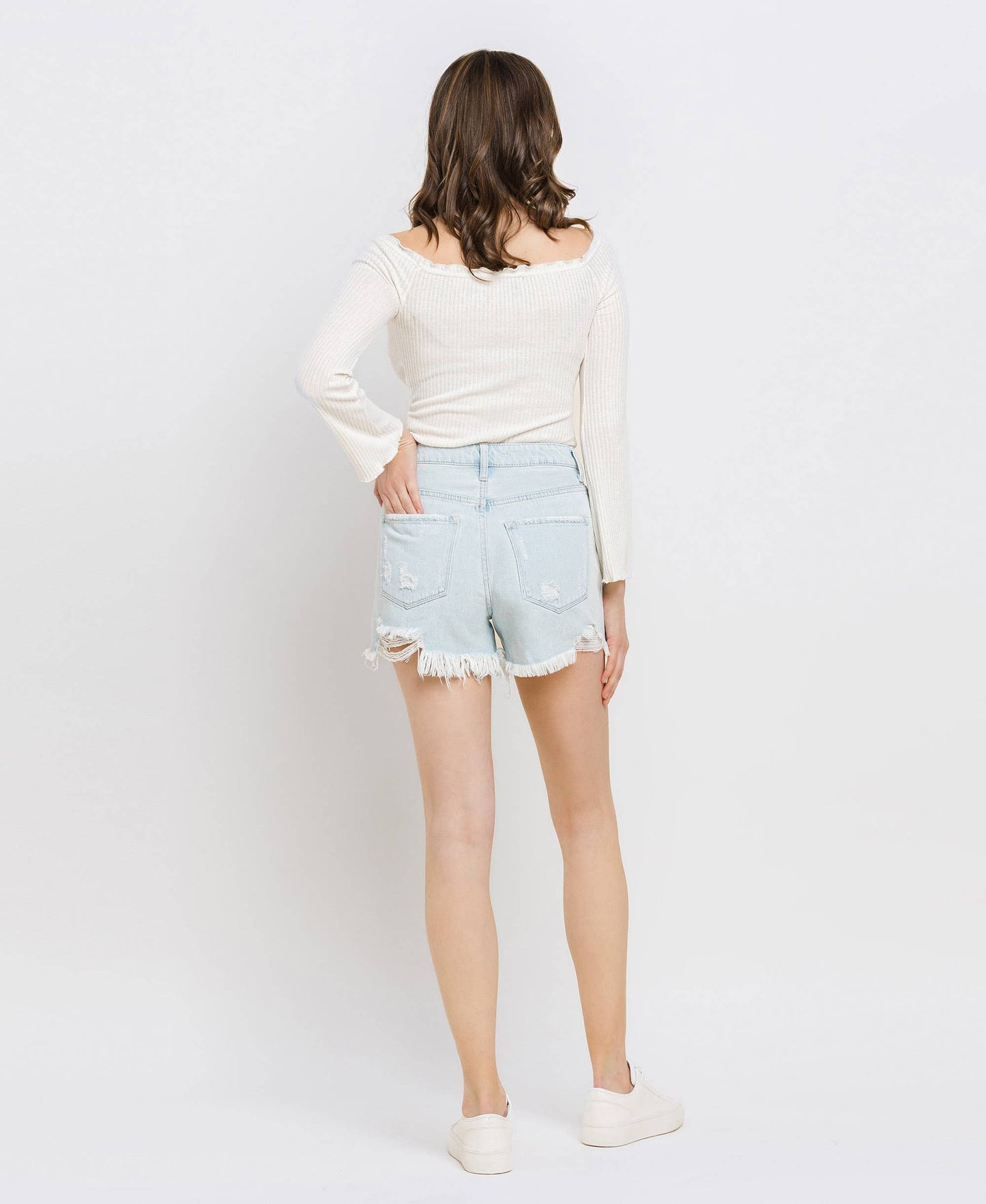 Vintage Edge Super High Rise Distressed Mom Shorts – Non Stretch Denim Cutoffs V2880 Vervet