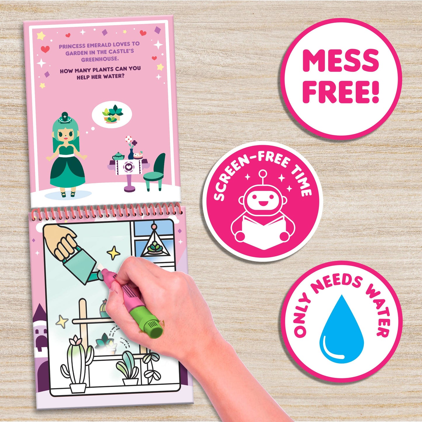 Water Magic “Princess & Unicorn” activity book showing closed cover

Child using the scented water pen to reveal hidden princess-and-unicorn illustrations

Close-up of the water pen revealing colorful details on scene boards

Kit contents: four scene boards with brush and packaging