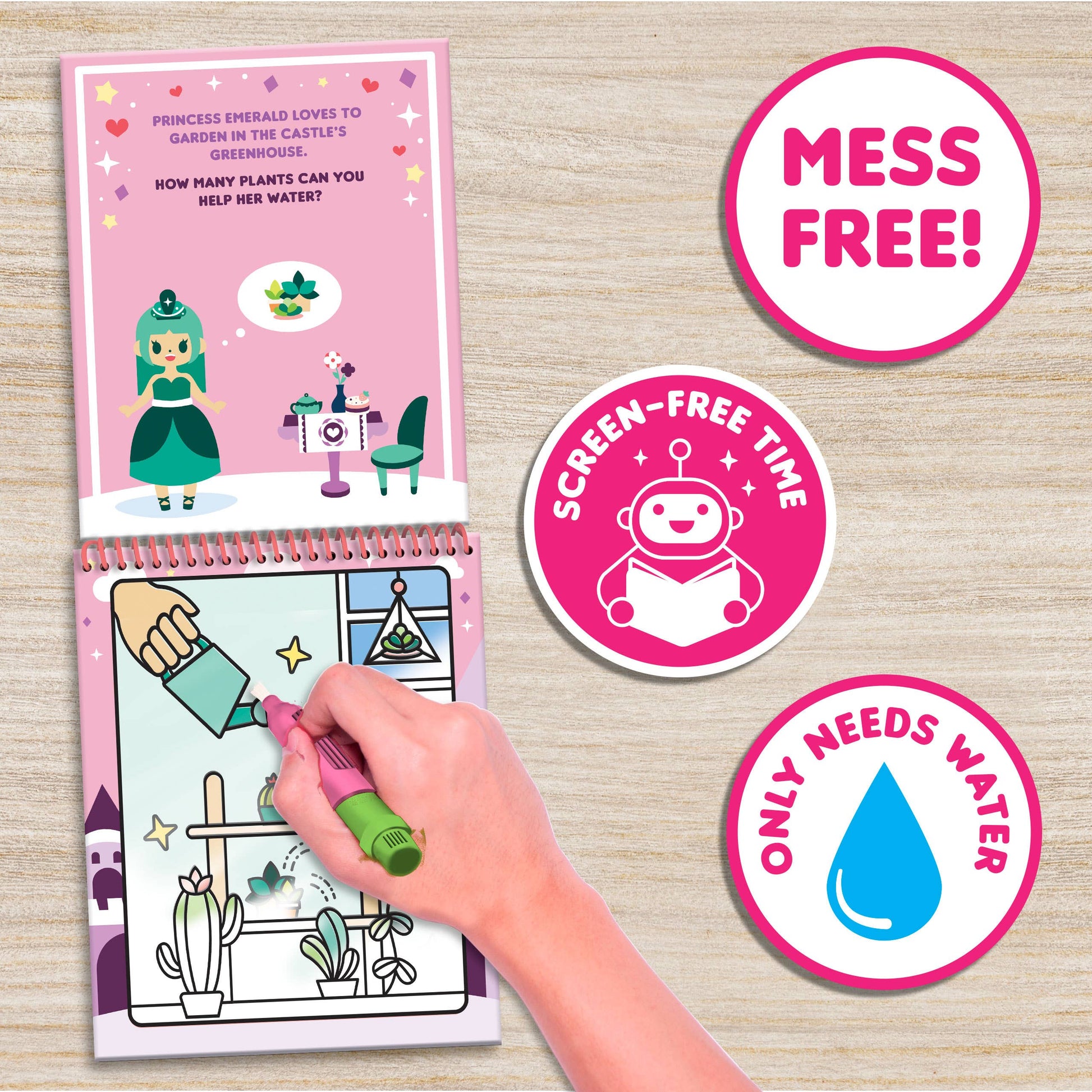 Water Magic “Princess & Unicorn” activity book showing closed cover

Child using the scented water pen to reveal hidden princess-and-unicorn illustrations

Close-up of the water pen revealing colorful details on scene boards

Kit contents: four scene boards with brush and packaging