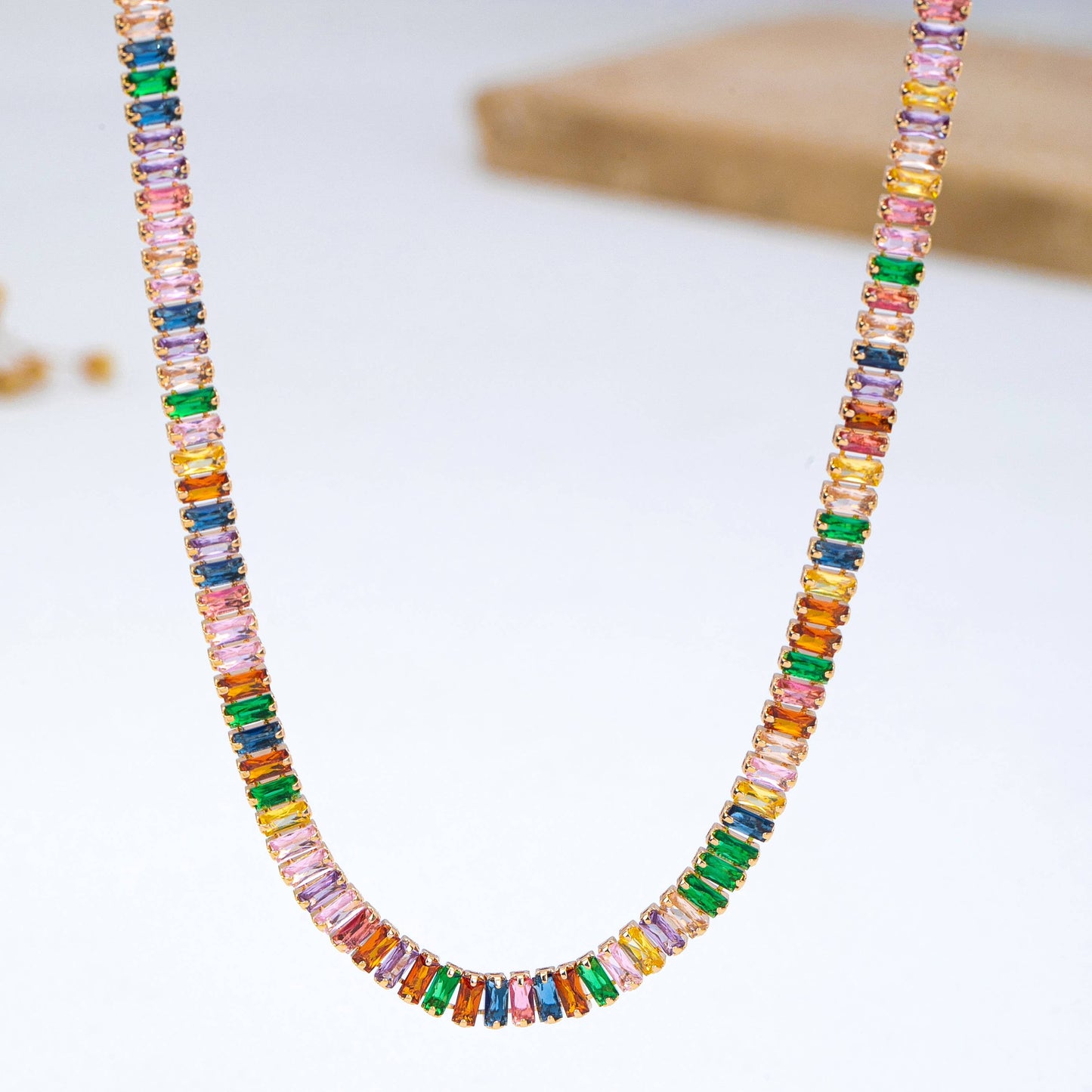 Color Bar Bezel Necklace | Gold Multicolor Baguette Station Necklace