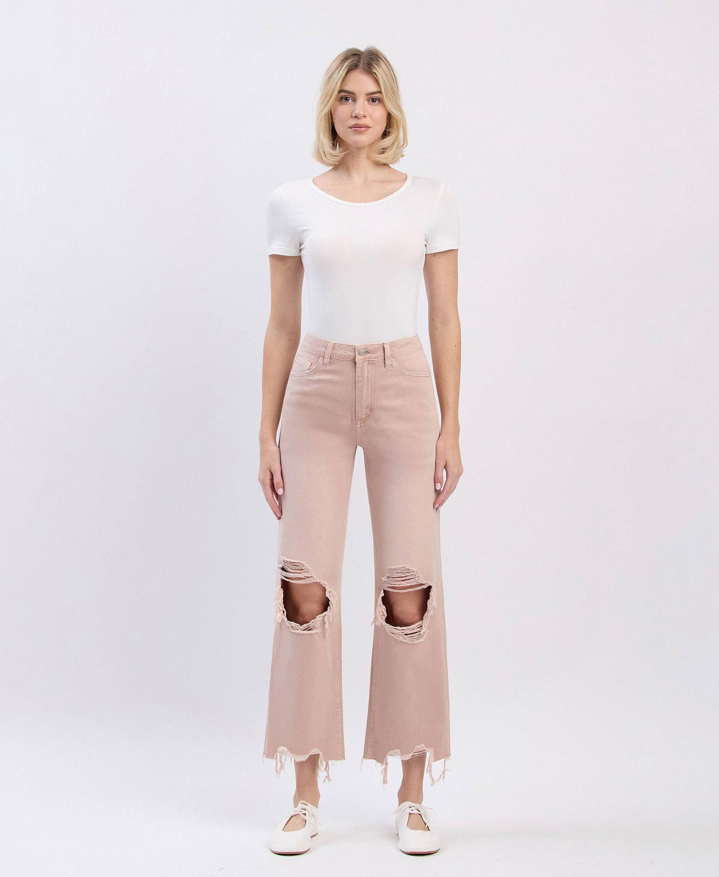 90s Revival Super High Rise Crop Flare Jeans – Distressed Raw Hem Vintage Denim Vervet