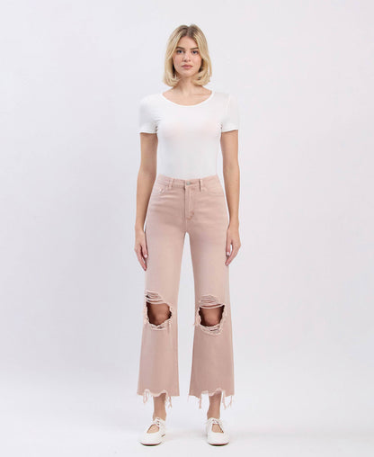 90s Revival Super High Rise Crop Flare Jeans – Distressed Raw Hem Vintage Denim Vervet