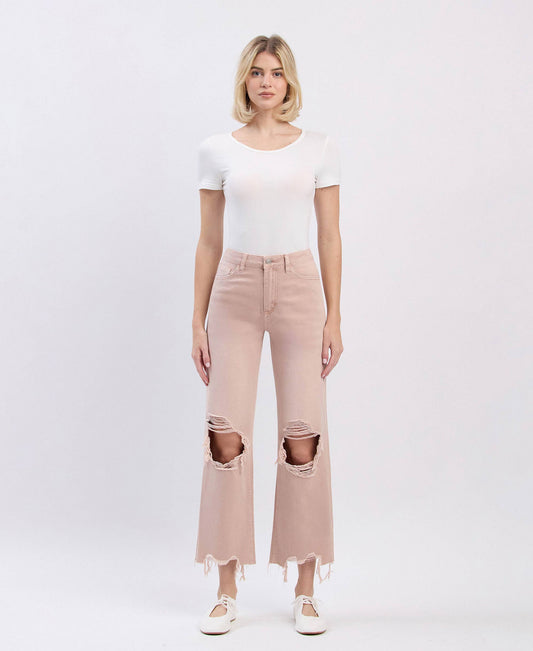 90s Revival Super High Rise Crop Flare Jeans – Distressed Raw Hem Vintage Denim Vervet