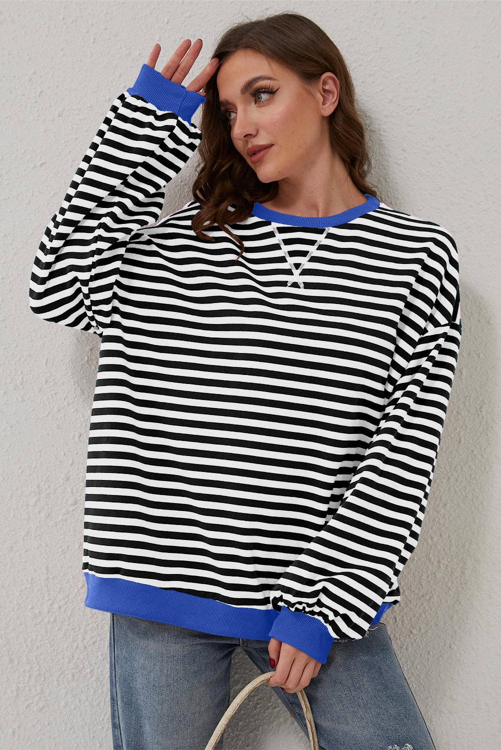 Stripe Oversized Contrast Trim Pullover Sweatshirt