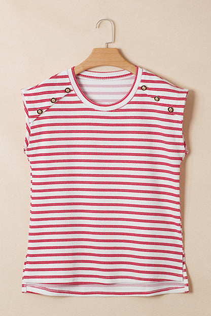 Red Stripe Textured Knit Top with Gold Button Detail – Chic Short Sleeve Boutique Tee for Women