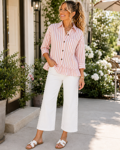 ~PREORDER ~ Button Front Ruffle Hem Bracelet Sleeve Shirt ~PREORDER ~