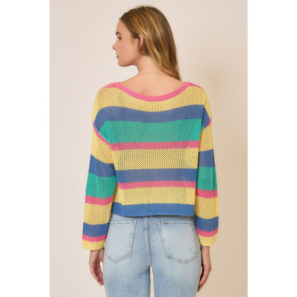 Sunset Stripe Open Knit Sweater – Lightweight Multi Color Cropped Pullover