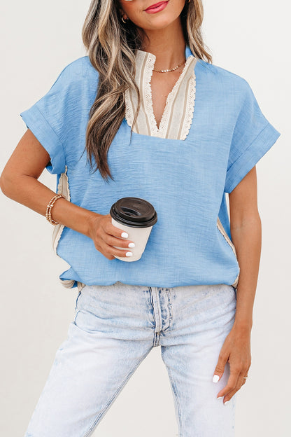 ~PREORDER ~ Blue Crochet Lace Accent Pullover Blouse ~PREORDER ~