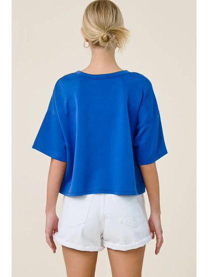 Boxy Short Sleeve Scuba Knit Top – Cropped Relaxed Fit Structured Scuba Shirt