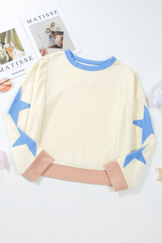Beige Star Contrast Patchwork Long-Sleeve Top – Relaxed Fit with Exposed Seams