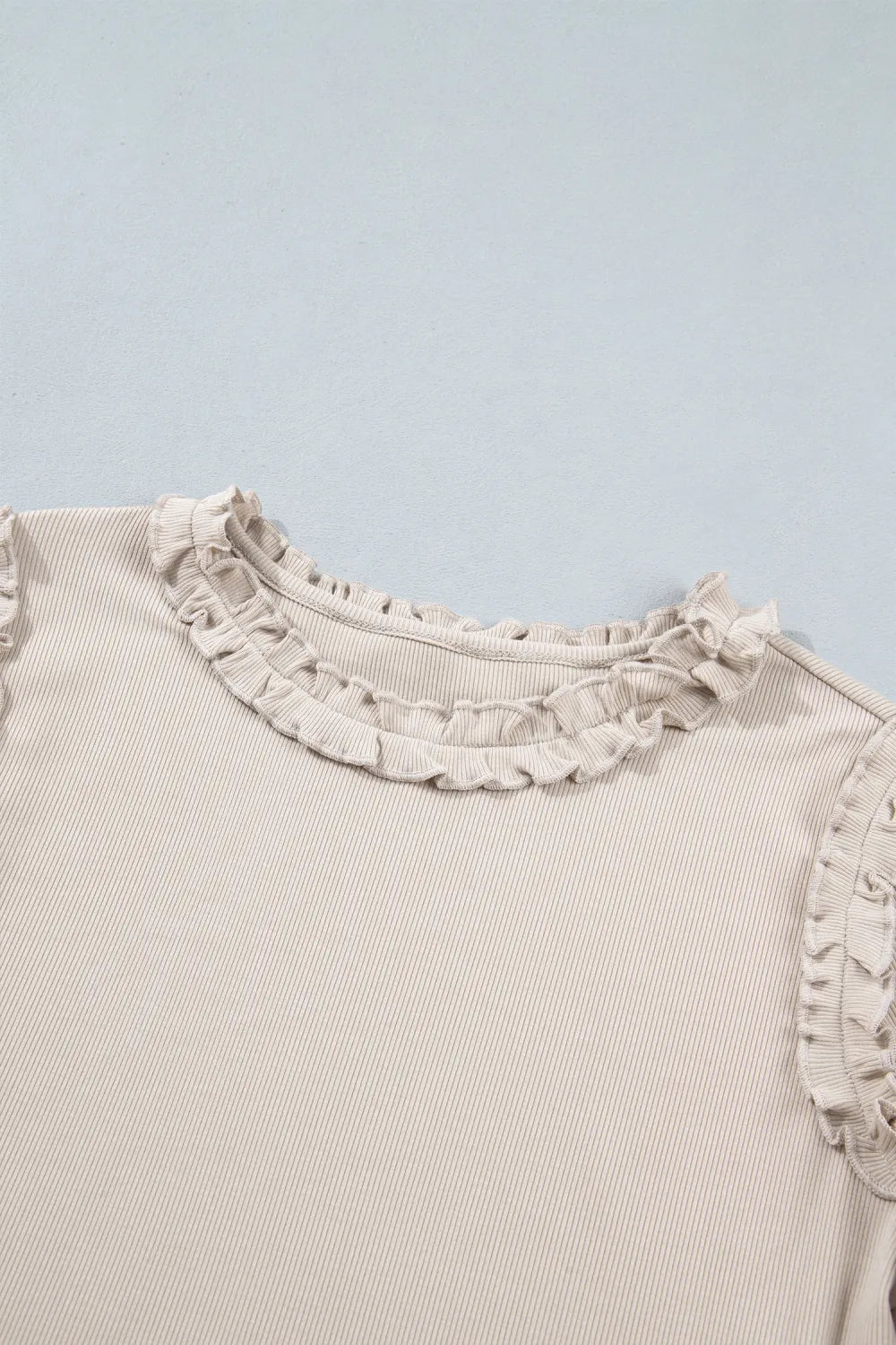 ~PREORDER~ Soft Ruffle Ribbed Long Sleeve Top – Beige ~PREORDER~