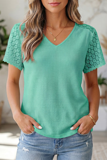 ~PREORDER ~ Lace Splicing Button Cutout V Neck Waffle Knit Blouse ~PREORDER ~