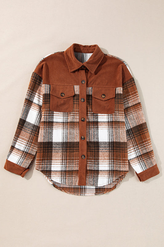 Plaid Corduroy Patchwork Shacket with Chest Pocket – Trendy Oversized Fall Jacket