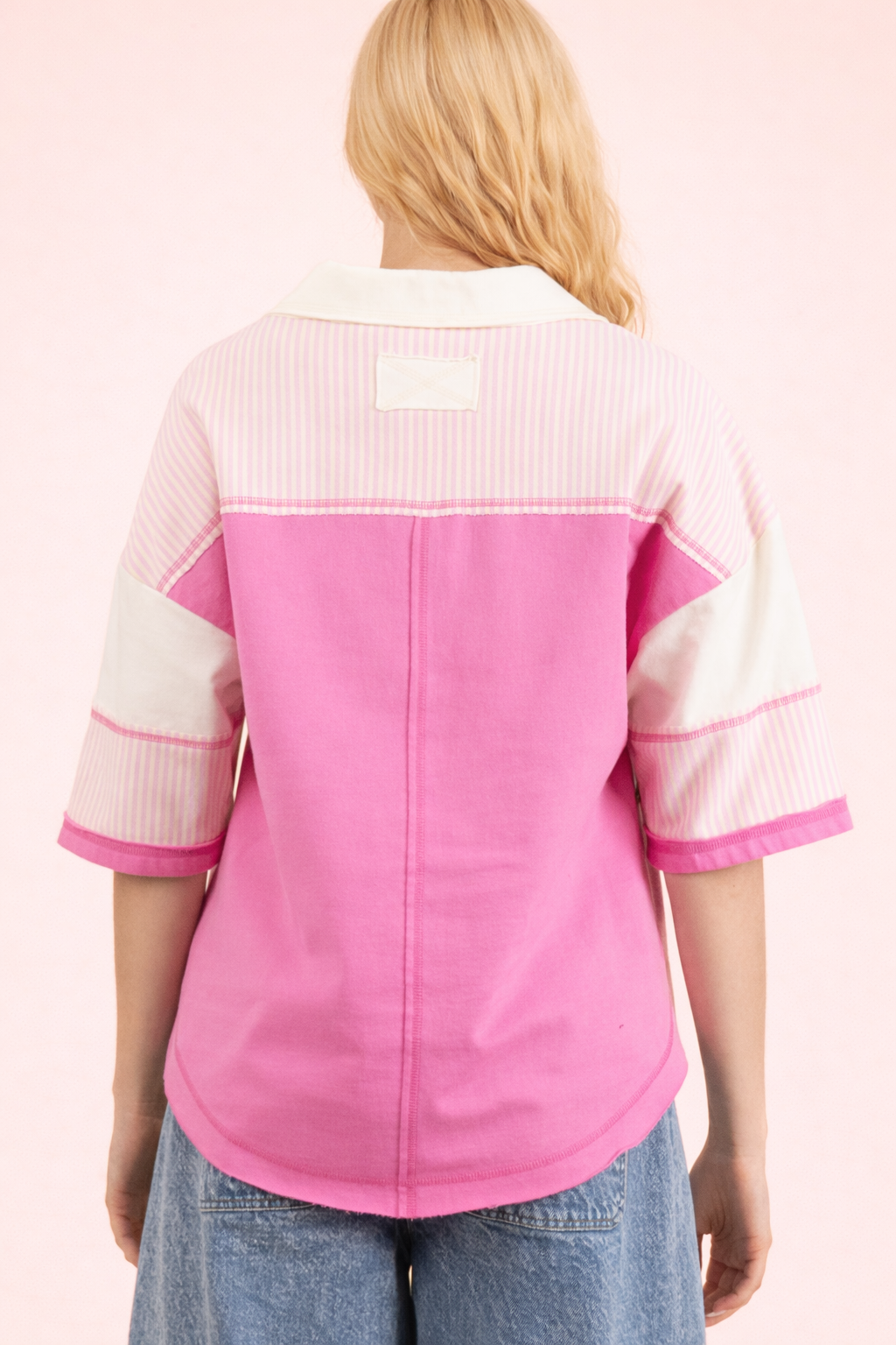 Oversized Collared Knit Top | Contrast Detail Half Sleeve Casual Shirt