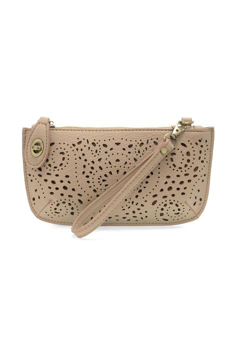 Taupe Laser Cut Eyelet Mini Wristlet Crossbody Clutch