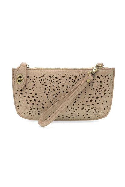 Taupe Laser Cut Eyelet Mini Wristlet Crossbody Clutch