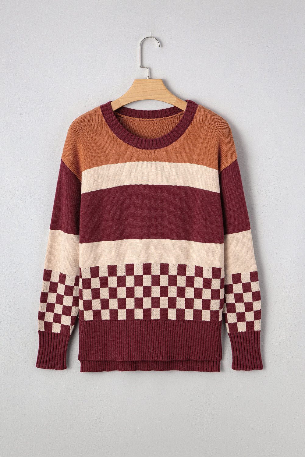 Brown Checkered Color Block Sweater | Cozy Fall Knit