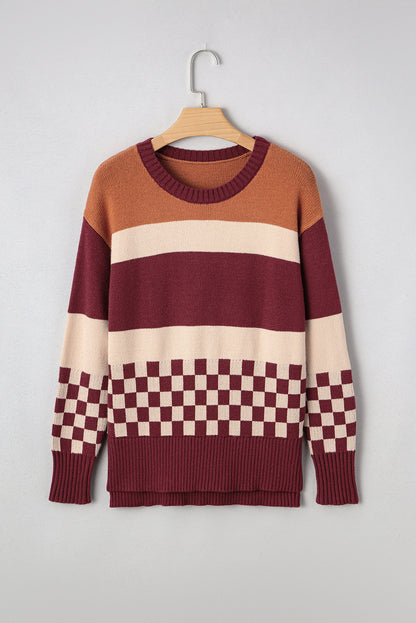 Brown Checkered Color Block Sweater | Cozy Fall Knit