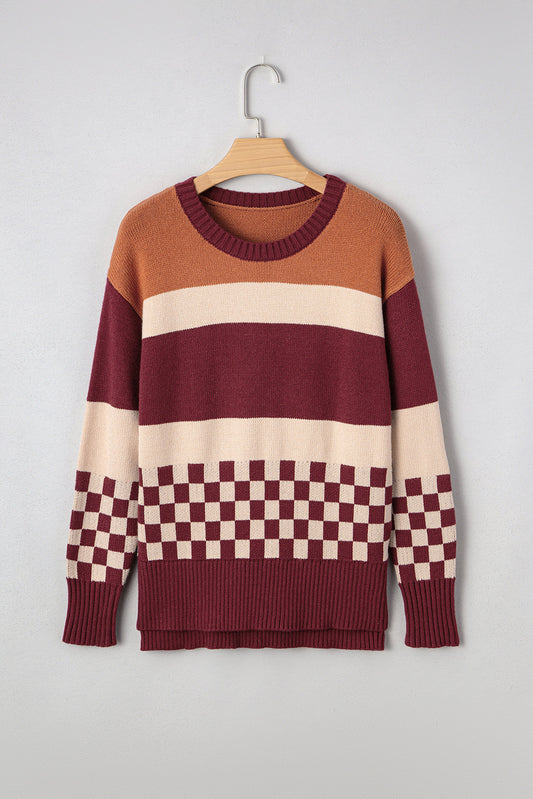 Brown Checkered Color Block Sweater | Cozy Fall Knit