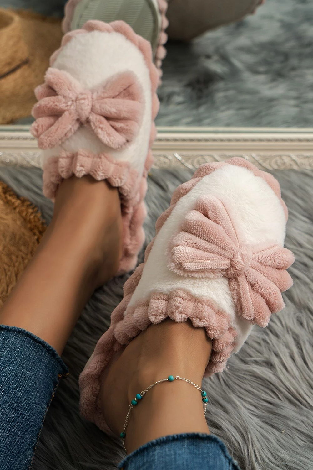 Blush Bow Plush Slippers | Color Block Ribbed Lounge Slippers
